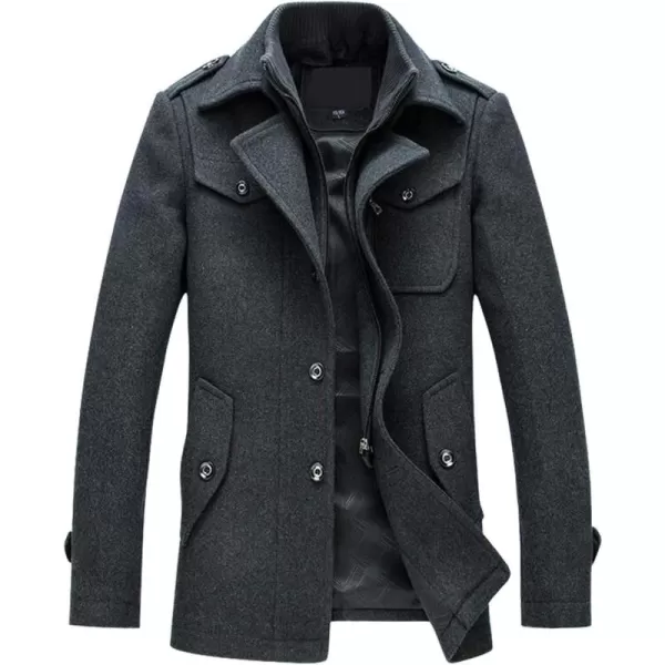 chouyatou Mens Gentle Layered Collar Single Breasted Quilted Lined Wool Blend Pea CoatsBgrey