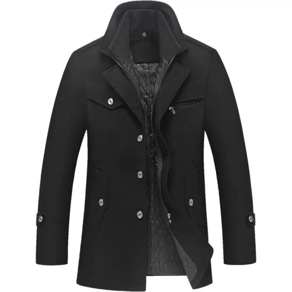 chouyatou Mens Gentle Layered Collar Single Breasted Quilted Lined Wool Blend Pea CoatsBlack