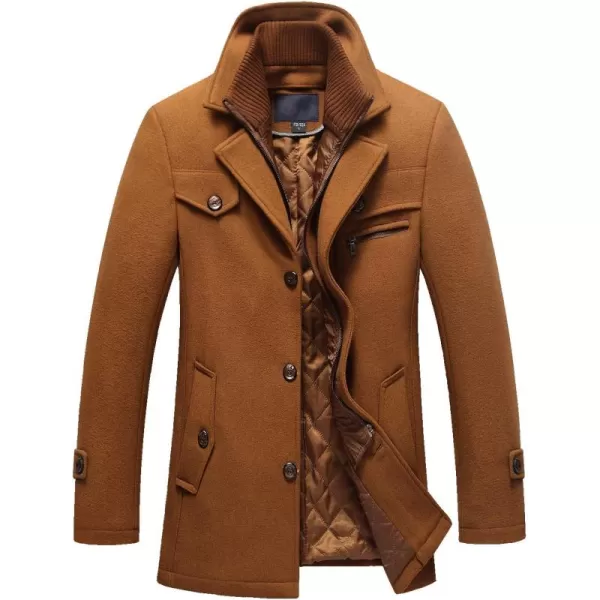 chouyatou Mens Gentle Layered Collar Single Breasted Quilted Lined Wool Blend Pea CoatsBrown