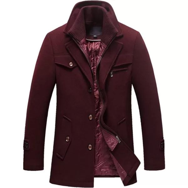 chouyatou Mens Gentle Layered Collar Single Breasted Quilted Lined Wool Blend Pea CoatsDark Red