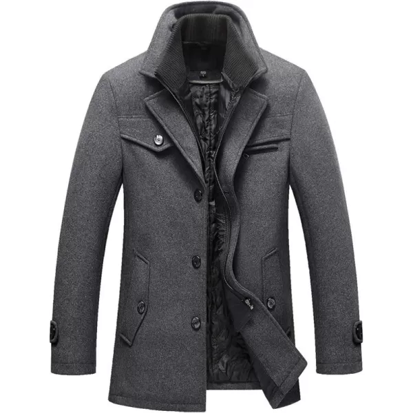 chouyatou Mens Gentle Layered Collar Single Breasted Quilted Lined Wool Blend Pea CoatsGrey
