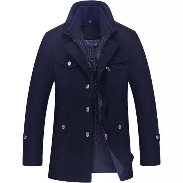 chouyatou Mens Gentle Layered Collar Single Breasted Quilted Lined Wool Blend Pea CoatsNavy Blue
