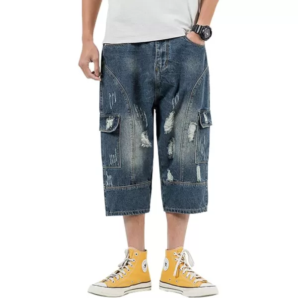 chouyatou Mens LooseFit Ripped Hole Harem Capri Jeans Baggy Denim Cargo ShortsDark Blue