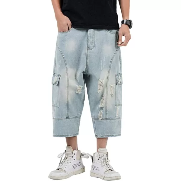 chouyatou Mens LooseFit Ripped Hole Harem Capri Jeans Baggy Denim Cargo ShortsLight Blue