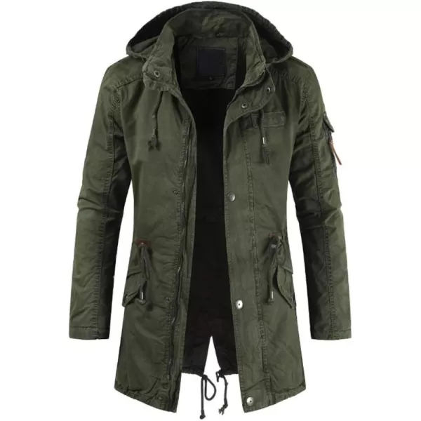 chouyatou Mens Spring Military FullZip Removable Hooded Cotton MidLong Parka Jacket CoatArmy Green