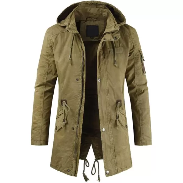 chouyatou Mens Spring Military FullZip Removable Hooded Cotton MidLong Parka Jacket CoatKhaki