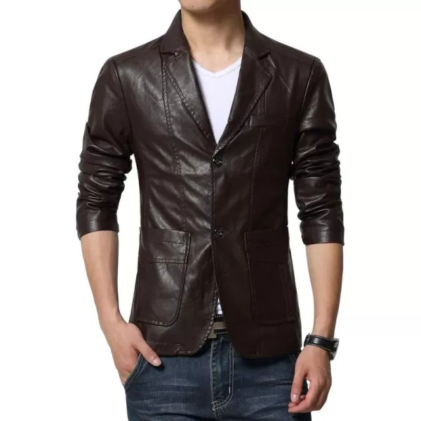 chouyatou Mens Stylish 2 Button Faux Leather Suit Blazer Jacket Sport CoatBrown