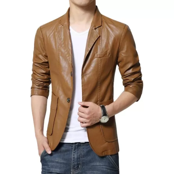chouyatou Mens Stylish 2 Button Faux Leather Suit Blazer Jacket Sport CoatTan