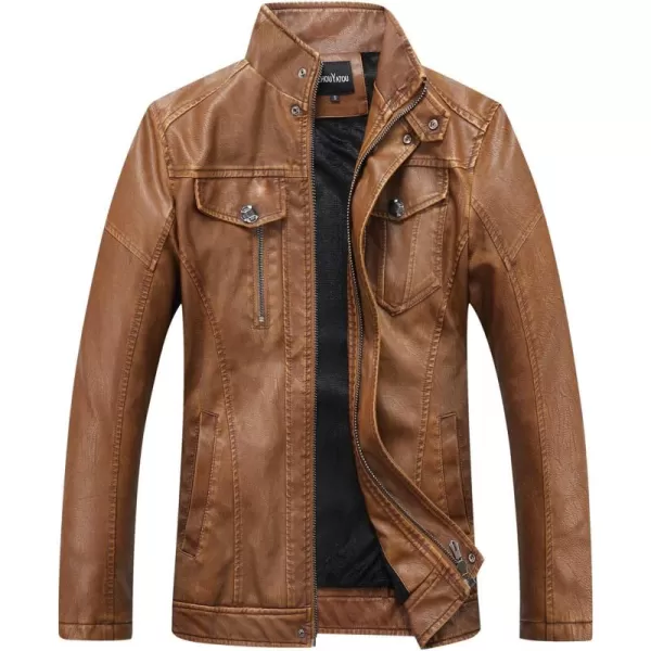 chouyatou Mens Vintage Stand Collar Pu Leather Jacket15brown