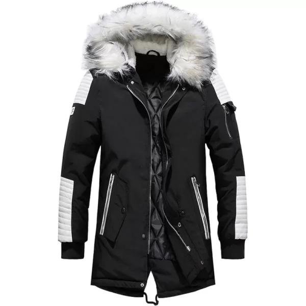 chouyatou Mens Winter Warm Faux Leather Spliced Padded Long Down Alternative Parka Coat Fur HoodBlack