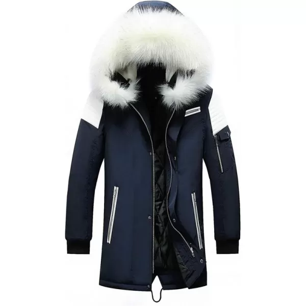 chouyatou Mens Winter Warm Faux Leather Spliced Padded Long Down Alternative Parka Coat Fur HoodD Blue