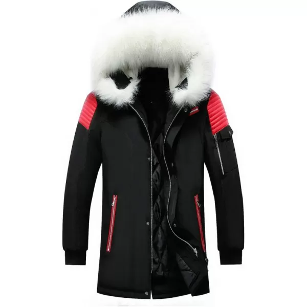 chouyatou Mens Winter Warm Faux Leather Spliced Padded Long Down Alternative Parka Coat Fur HoodD Red
