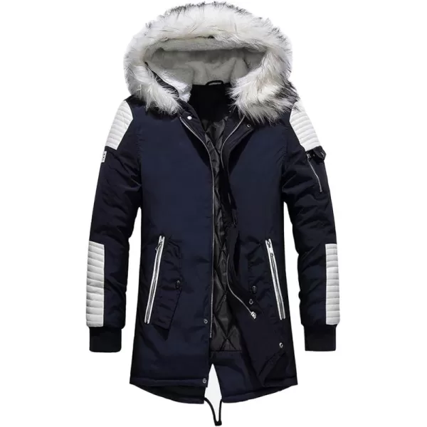 chouyatou Mens Winter Warm Faux Leather Spliced Padded Long Down Alternative Parka Coat Fur HoodNavy Blue