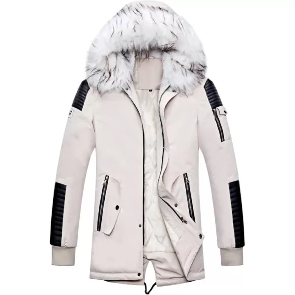 chouyatou Mens Winter Warm Faux Leather Spliced Padded Long Down Alternative Parka Coat Fur HoodOffwhite
