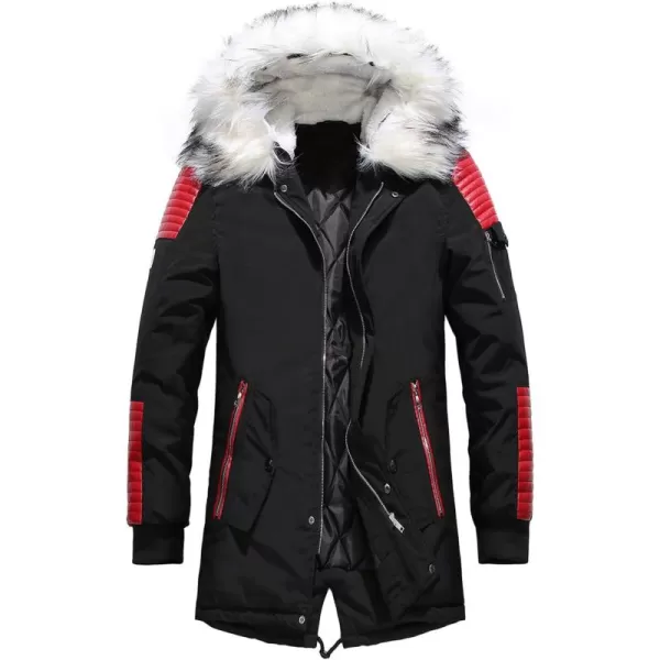 chouyatou Mens Winter Warm Faux Leather Spliced Padded Long Down Alternative Parka Coat Fur HoodRed