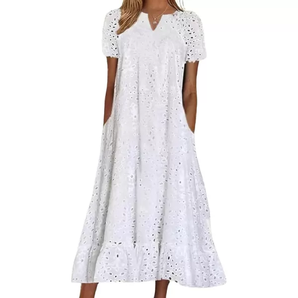 chouyatou Women Summer Ruffle Hem Floral Lace Eyelet Dress Casual Notch Neck Midi Tunic Dress with PocketWhite