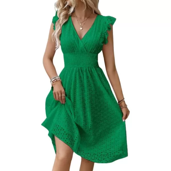 chouyatou Womens 2024 Eyelet Lace Embroidery Smocked Waist Party Dress Sexy Flutter Sleeve A Line Midi Long Sun DressGreen