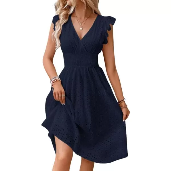 chouyatou Womens 2024 Eyelet Lace Embroidery Smocked Waist Party Dress Sexy Flutter Sleeve A Line Midi Long Sun DressNavy