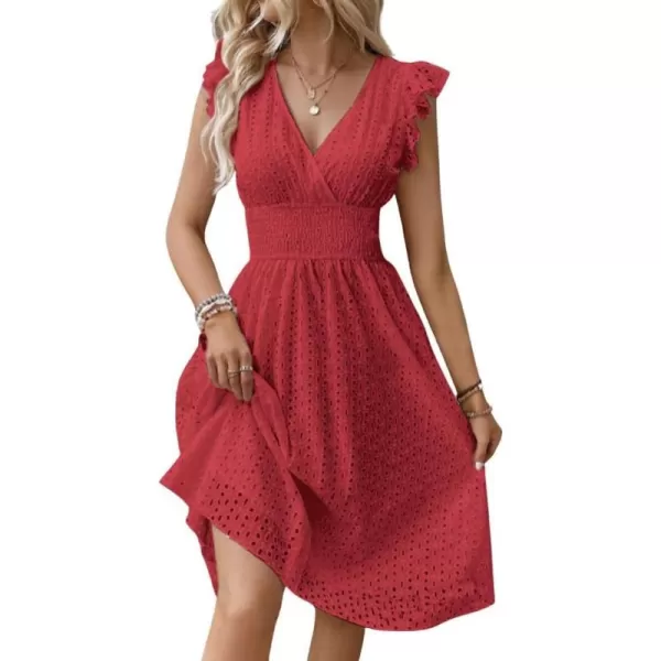 chouyatou Womens 2024 Eyelet Lace Embroidery Smocked Waist Party Dress Sexy Flutter Sleeve A Line Midi Long Sun DressRed