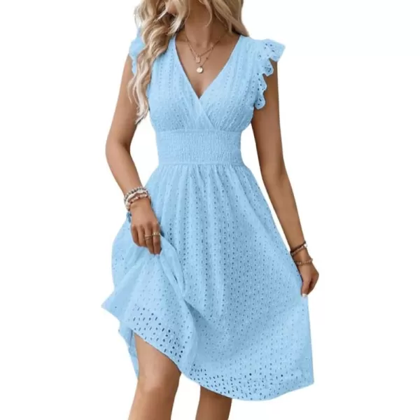 chouyatou Womens 2024 Eyelet Lace Embroidery Smocked Waist Party Dress Sexy Flutter Sleeve A Line Midi Long Sun DressSky Blue