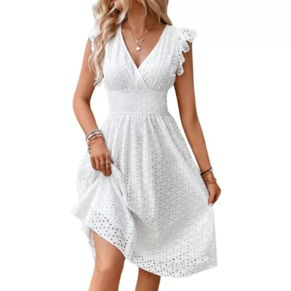 chouyatou Womens 2024 Eyelet Lace Embroidery Smocked Waist Party Dress Sexy Flutter Sleeve A Line Midi Long Sun DressWhite