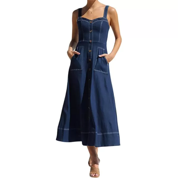 chouyatou Womens Adjustable Strap Midi Long Denim Dress 2024 Button Down ALine Swing Flowy Jean DressDark Blue