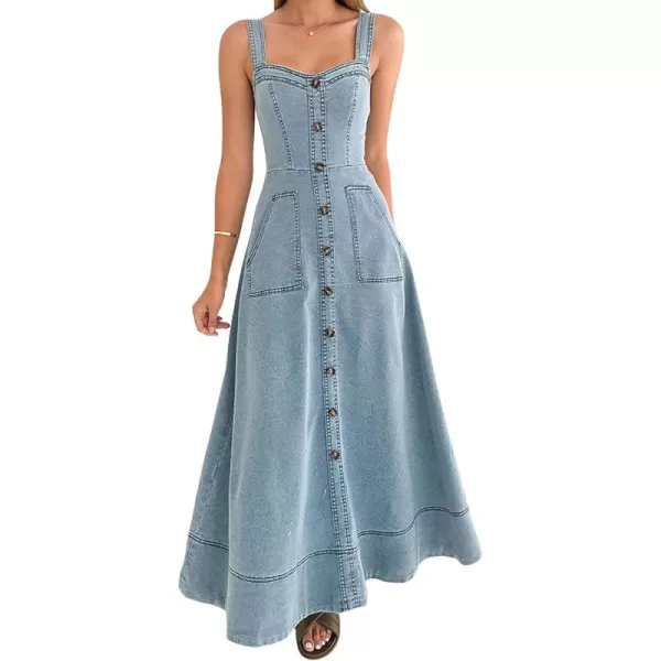 chouyatou Womens Adjustable Strap Midi Long Denim Dress 2024 Button Down ALine Swing Flowy Jean DressLight Blue