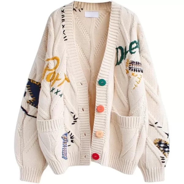 chouyatou Womens Cable Knit Embroidery Patchwork Cardigan V Neck Long Sleeve Open Front Button Down SweaterBeige