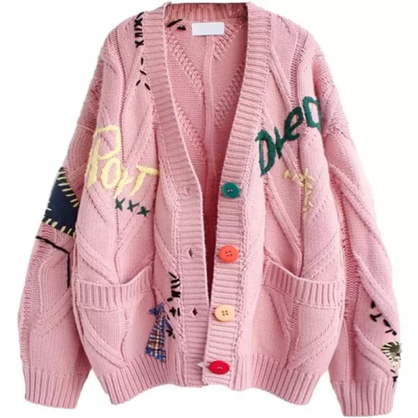 chouyatou Womens Cable Knit Embroidery Patchwork Cardigan V Neck Long Sleeve Open Front Button Down SweaterPink
