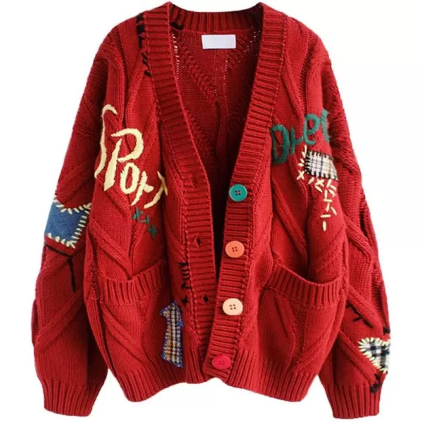 chouyatou Womens Cable Knit Embroidery Patchwork Cardigan V Neck Long Sleeve Open Front Button Down SweaterRed