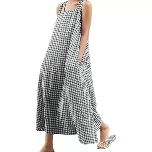 chouyatou Womens Casual LooseFit Cotton and Linen Plaid Tank Maxi Dress with PocketsBlack