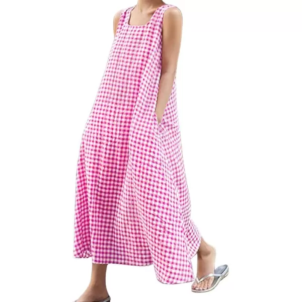 chouyatou Womens Casual LooseFit Cotton and Linen Plaid Tank Maxi Dress with PocketsPink