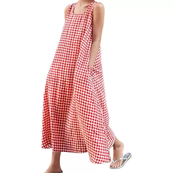 chouyatou Womens Casual LooseFit Cotton and Linen Plaid Tank Maxi Dress with PocketsRed