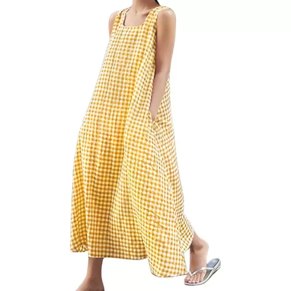 chouyatou Womens Casual LooseFit Cotton and Linen Plaid Tank Maxi Dress with PocketsYellow
