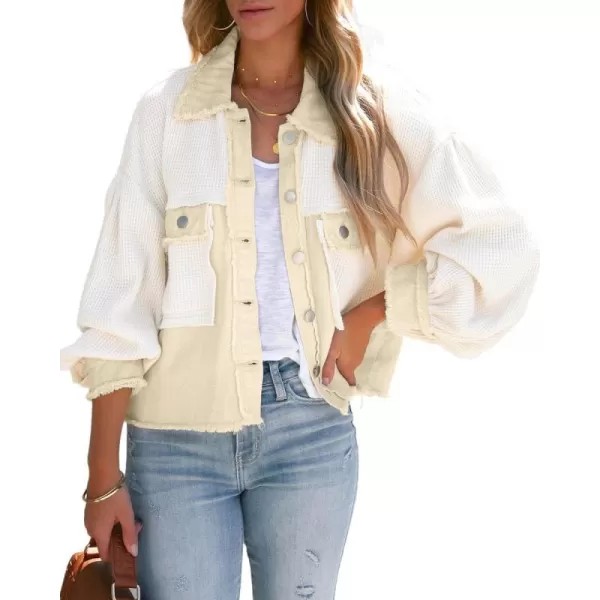 chouyatou Womens Cropped Waffle Knit Jacket Boyfriend Button Down Shirt Shacket TopsApricot