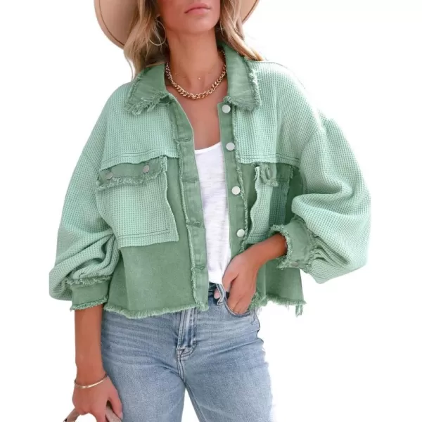 chouyatou Womens Cropped Waffle Knit Jacket Boyfriend Button Down Shirt Shacket TopsGreen