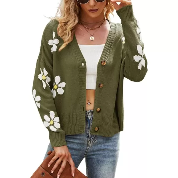 chouyatou Womens Fall Cute Daisy Button Jacquard Knit Cardigan Sweater JacketArmy Green
