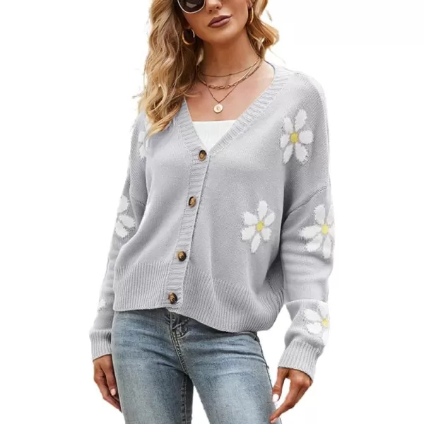 chouyatou Womens Fall Cute Daisy Button Jacquard Knit Cardigan Sweater JacketGrey