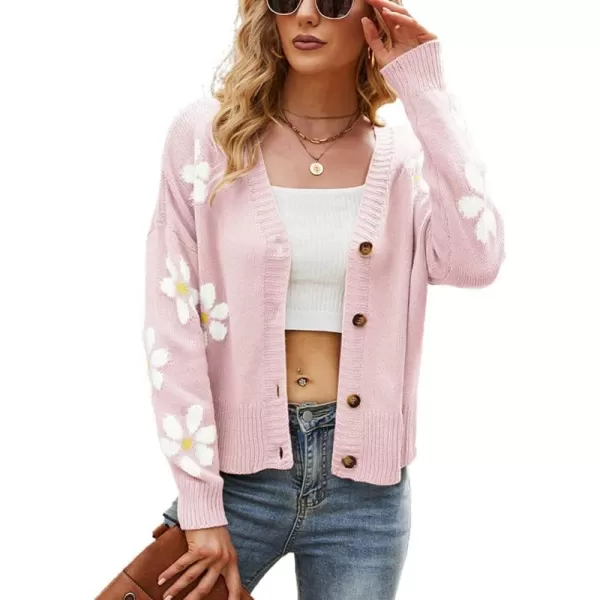 chouyatou Womens Fall Cute Daisy Button Jacquard Knit Cardigan Sweater JacketPink