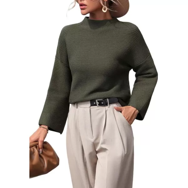chouyatou Womens Fall Mock Neck Pullover Sweater Elegant Ribbed Knit Dressy Casual Sweater TopArmy Green