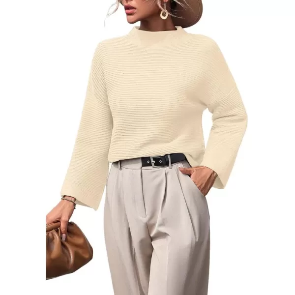 chouyatou Womens Fall Mock Neck Pullover Sweater Elegant Ribbed Knit Dressy Casual Sweater TopBeige