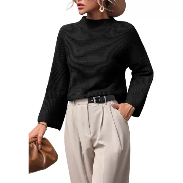 chouyatou Womens Fall Mock Neck Pullover Sweater Elegant Ribbed Knit Dressy Casual Sweater TopBlack