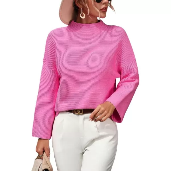 chouyatou Womens Fall Mock Neck Pullover Sweater Elegant Ribbed Knit Dressy Casual Sweater TopHot Pink