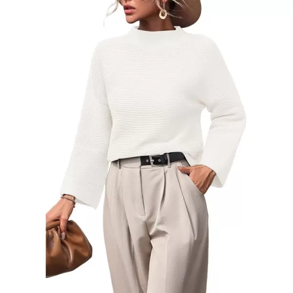 chouyatou Womens Fall Mock Neck Pullover Sweater Elegant Ribbed Knit Dressy Casual Sweater TopWhite