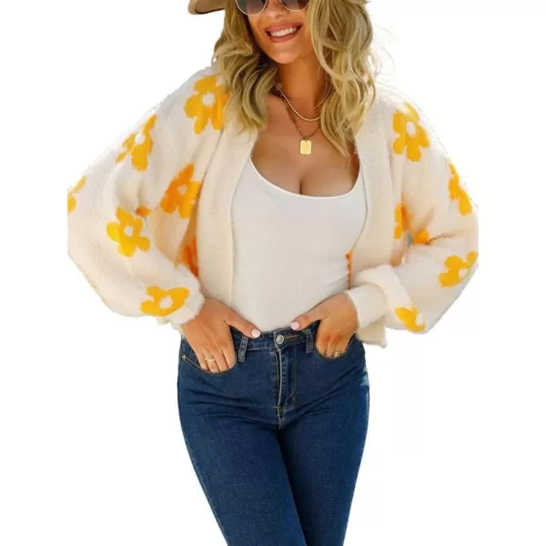 chouyatou Womens Fuzzy Daisy Printed Cropped Cardigan Open Front Jacquard Knit Sweater TopsBeige