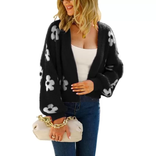 chouyatou Womens Fuzzy Daisy Printed Cropped Cardigan Open Front Jacquard Knit Sweater TopsBlack