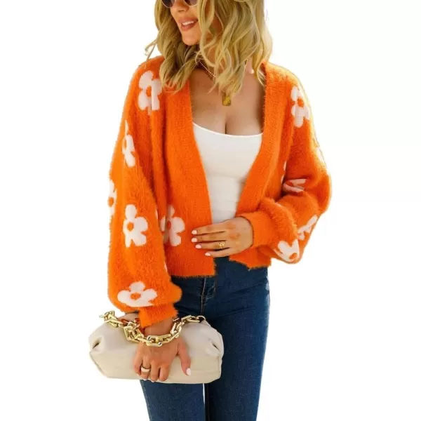 chouyatou Womens Fuzzy Daisy Printed Cropped Cardigan Open Front Jacquard Knit Sweater TopsOrange