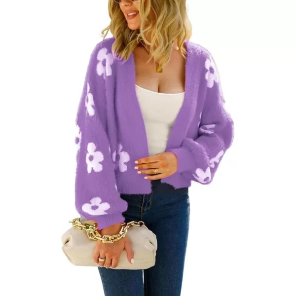 chouyatou Womens Fuzzy Daisy Printed Cropped Cardigan Open Front Jacquard Knit Sweater TopsPurple
