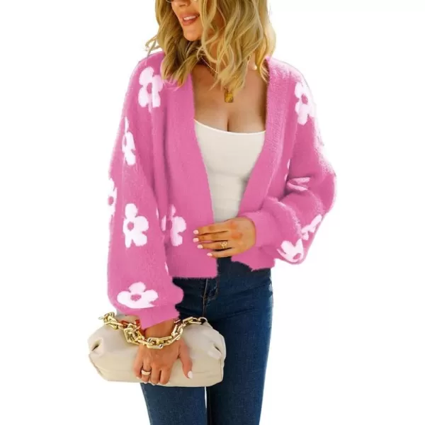 chouyatou Womens Fuzzy Daisy Printed Cropped Cardigan Open Front Jacquard Knit Sweater TopsRose Red