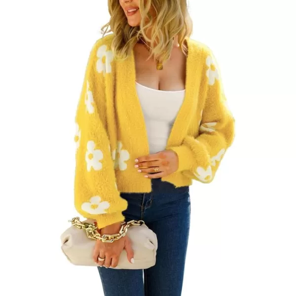 chouyatou Womens Fuzzy Daisy Printed Cropped Cardigan Open Front Jacquard Knit Sweater TopsYellow
